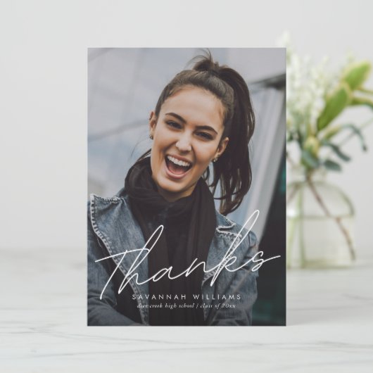 Trendy Modern Simple Script Three Photo Afstuderen Bedankkaart (Staand voorkant)
