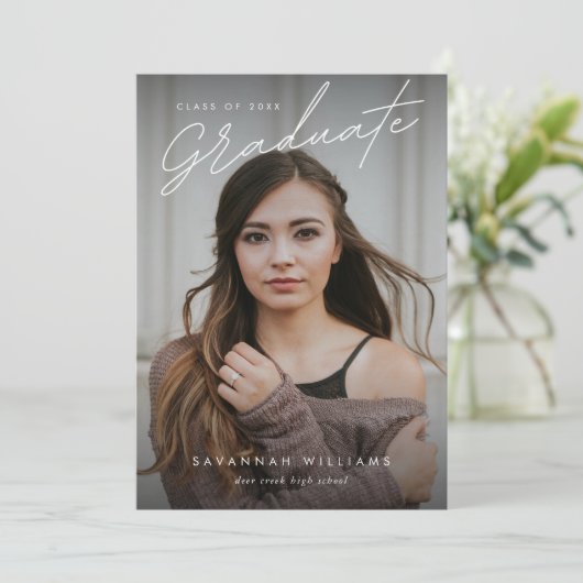 Trendy Modern Simple Script Two Photo Afstuderen Aankondiging (Staand voorkant)