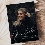 Trendy Modern Simple Script Two Photo Afstuderen Aankondiging<br><div class="desc">Dit Moderne Eenvoudige Manuscript Twee de Aankondiging van het Afstuderen van de Foto kenmerkt een volledige groottefoto op de voorzijde met witte tekstbekleding en een achterfoto met facultatieve details.</div>