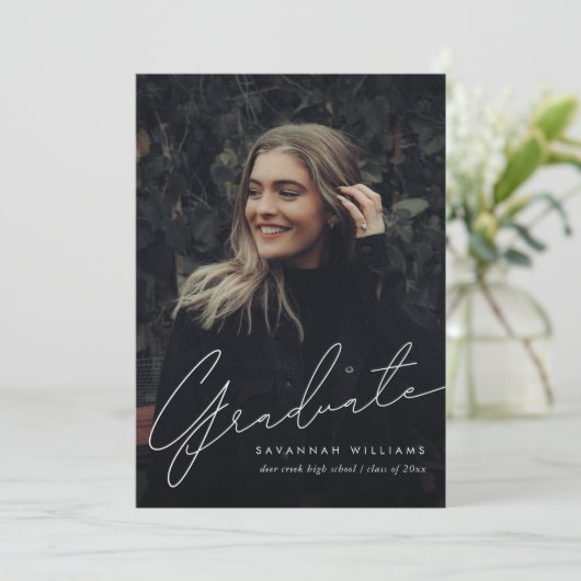 Trendy Modern Simple Script Two Photo Afstuderen Aankondiging (Staand voorkant)