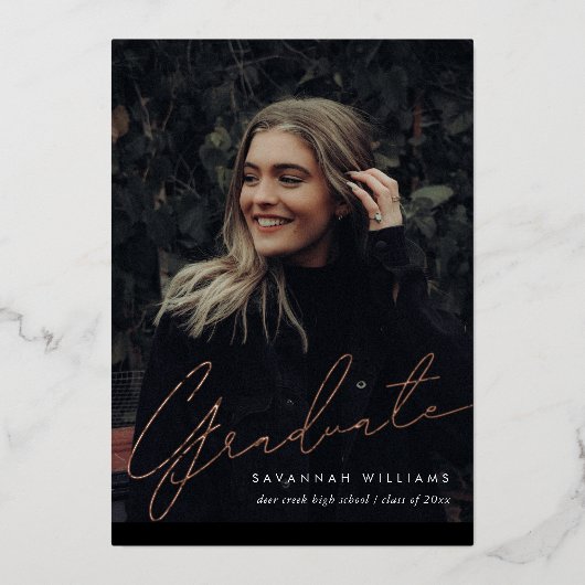 Trendy Modern Simple Script Two Photo Afstuderen Folie Uitnodiging (Voorkant)