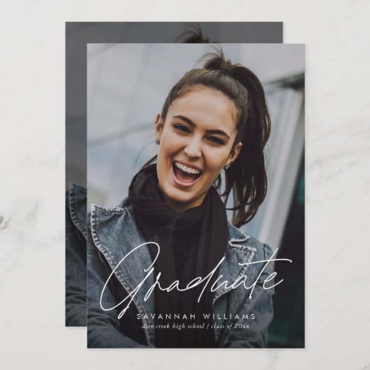 Trendy Modern Simple Script Two Photo Afstuderen Kaart (Voorkant / Achterkant)