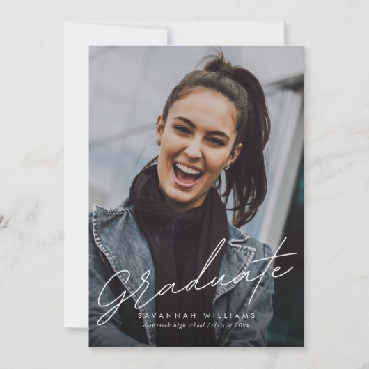 Trendy Modern Simple Script Two Photo Afstuderen Kaart (Voorkant)