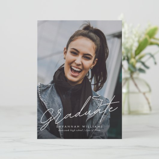 Trendy Modern Simple Script Two Photo Afstuderen Kaart (Staand voorkant)