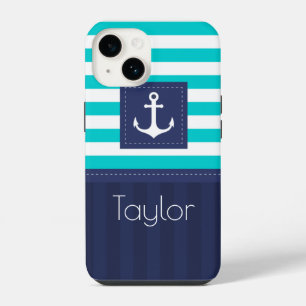 Trendy Modern Striped Nautical Design Custom Hoesj iPhone 14 Hoesje