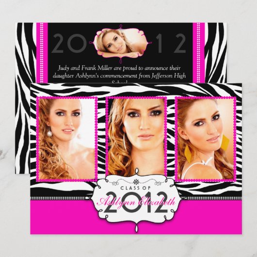 Trendy Modern Zebra Striped Afstuderen Invitation Kaart (Voorkant / Achterkant)