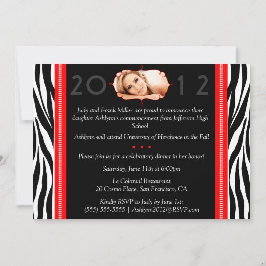 Trendy Modern Zebra Striped Afstuderen Invitation Kaart (Achterkant)