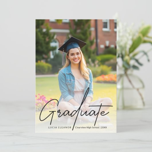 Trendy Modern Zwart Script Twee Foto Afstuderen Aankondiging (Staand voorkant)