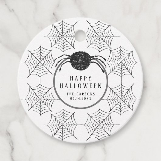 Trendy Modern Zwart Wit Spinnenweb Halloween Bedankjes Labels (Voorkant)