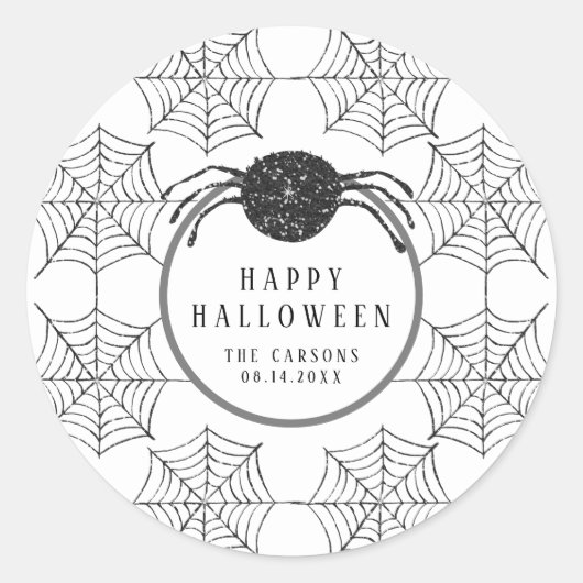 Trendy Modern Zwart Wit Spinnenweb Halloween Ronde Sticker (Voorkant)