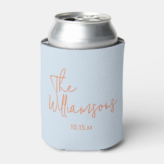 Trendy moderne blauwe en oranje script bruiloft blikjeskoeler (Blikje Voorkant)