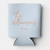 Trendy moderne blauwe en oranje script bruiloft blikjeskoeler (Voorkant)