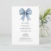 Trendy moderne blauwe strik jongens babyshower kaart (Staand voorkant)