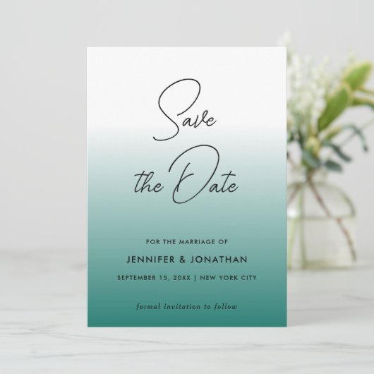Trendy Moderne Elegante Teal Eenvoudige Calligrafi Save The Date (Staand voorkant)
