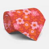 Trendy Moderne Groovy Bloem Roze Oranje Stropdas (Opgerold)