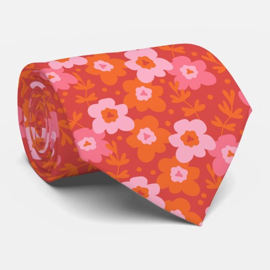 Trendy Moderne Groovy Bloem Roze Rood Oranje Stropdas (Opgerold)