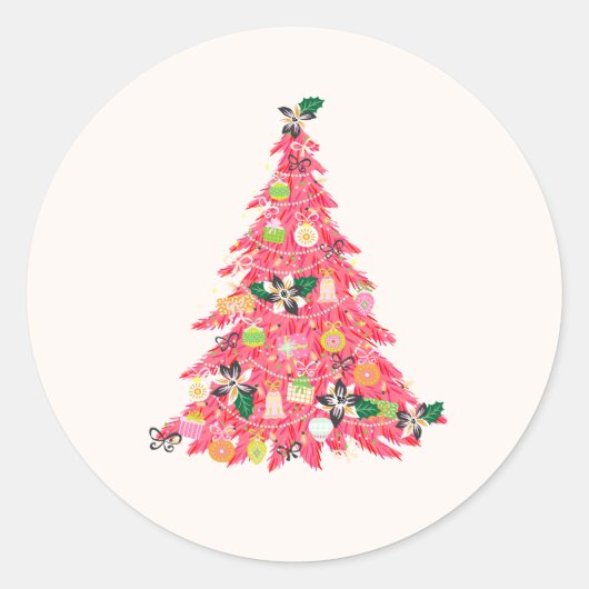 Trendy moderne heldere kleur feestelijke kerstboom ronde sticker (Voorkant)