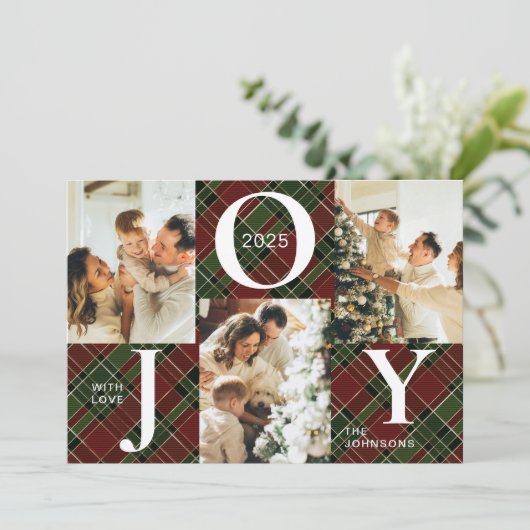 Trendy Moderne Joy Rood en Groene Foto Kerstmis Feestdagenkaart (Staand voorkant)