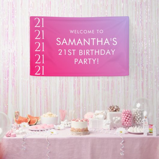 Trendy Moderne Krachtige Roze Gradiënt 21e Verjaar Spandoek (Feest)
