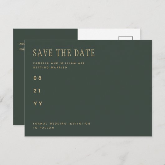 Trendy moderne olijfgroene trouw SAVE THE DATE Briefkaart (Voorkant / Achterkant)