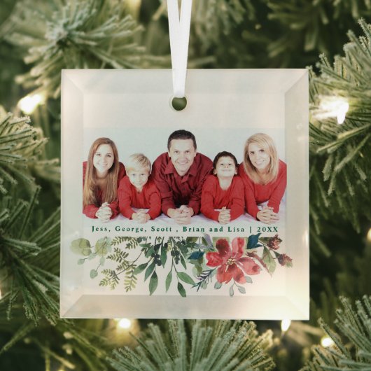 Trendy Moderne Rode Bloemen Winter Greenery Foto Glas Ornament (Insitu)