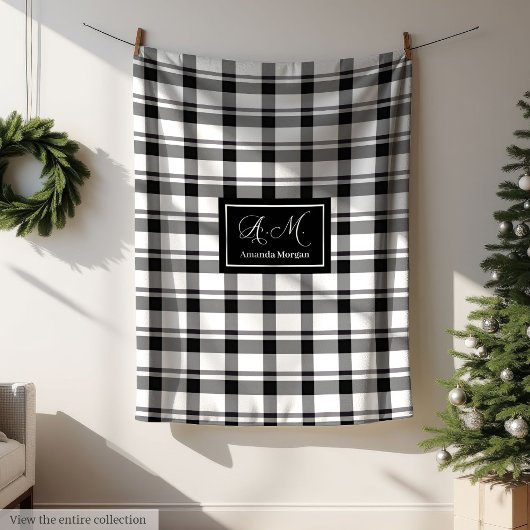 Trendy Monochrome Checkered Blanket Custom Name Fleece Deken