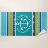 Trendy Monogram Anchor Laurel Wreath Stripes Aqua Strandlaken (Voorkant)