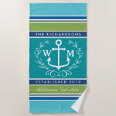Trendy Monogram Anchor Laurel Wreath Stripes Aqua Strandlaken (Voorkant)