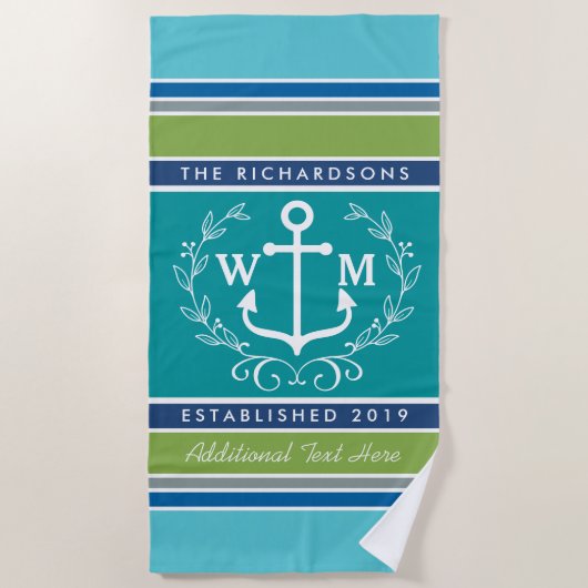 Trendy Monogram Anchor Laurel Wreath Stripes Aqua Strandlaken (Voorkant)