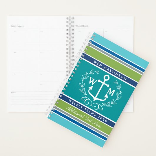 Trendy Monogram Anker Laurel Krans Stripes Aqua Planner (Display)
