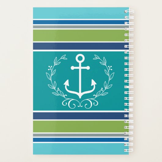 Trendy Monogram Anker Laurel Krans Stripes Aqua Planner (Achterkant)