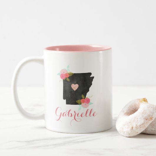 Trendy Monogram Arkansas State Verplaatsbaar Hart Tweekleurige Koffiemok (Met donut)