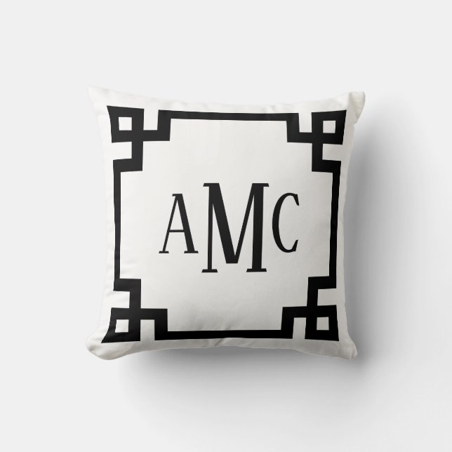 Trendy Monogram Black en White Greek Key Border Kussen (Voorkant)