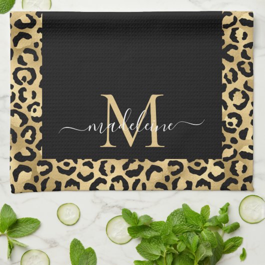Trendy Monogram Black Gold Animal Print Theedoek (Gevouwen)