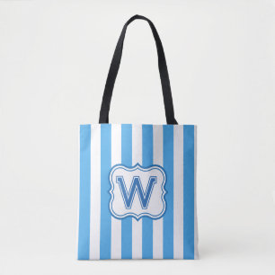 Trendy monogram blauw & wit brede streep tote bag
