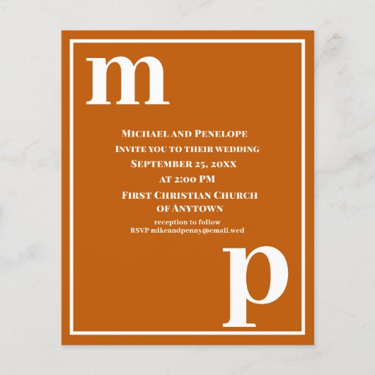 Trendy Monogram Burnt Oranje Budget Wedding Invite Flyer (Voorkant)