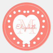 Trendy Monogram Coral White Heart Ronde Sticker (Voorkant)