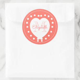 Trendy Monogram Coral White Heart Ronde Sticker