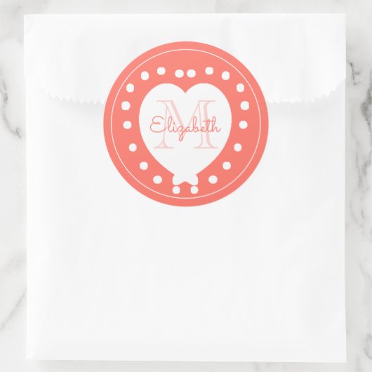 Trendy Monogram Coral White Heart Ronde Sticker (Tas)