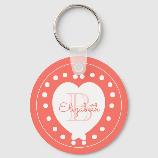 Trendy Monogram Coral White Heart Sleutelhanger (Voorkant)