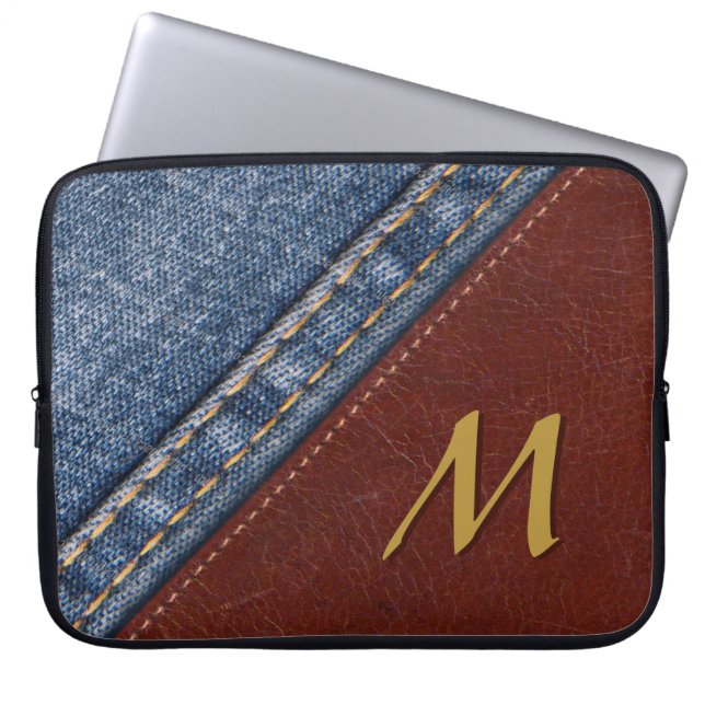Trendy Monogram Denim en Leder Laptop Sleeve (Voorkant)