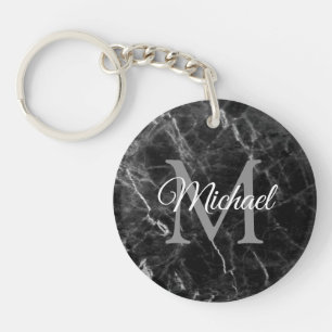 Trendy Monogram Elegant Zwart Marmer Sjabloon Sleutelhanger