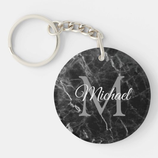Trendy Monogram Elegant Zwart Marmer Sjabloon Sleutelhanger (Voorkant)
