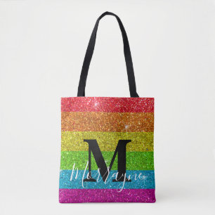 Trendy Monogram Gay Pride LGBTQ Rainbow Glitter Tote Bag
