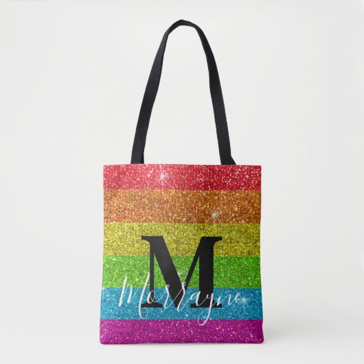 Trendy Monogram Gay Pride LGBTQ Rainbow Glitter Tote Bag (Voorkant)
