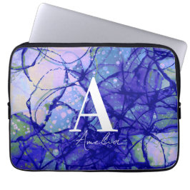 Trendy Monogram, gepersonaliseerde naam Blauw Abst Laptop Sleeve