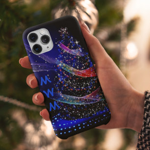 Trendy Monogram Glitter Kerstboom Marine iPhone 14 Plus Hoesje