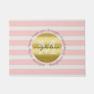 Trendy Monogram Gold Glitter Blush Pink Stripes Deurmat