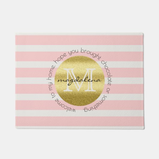 Trendy Monogram Gold Glitter Blush Pink Stripes Deurmat (Voorkant)