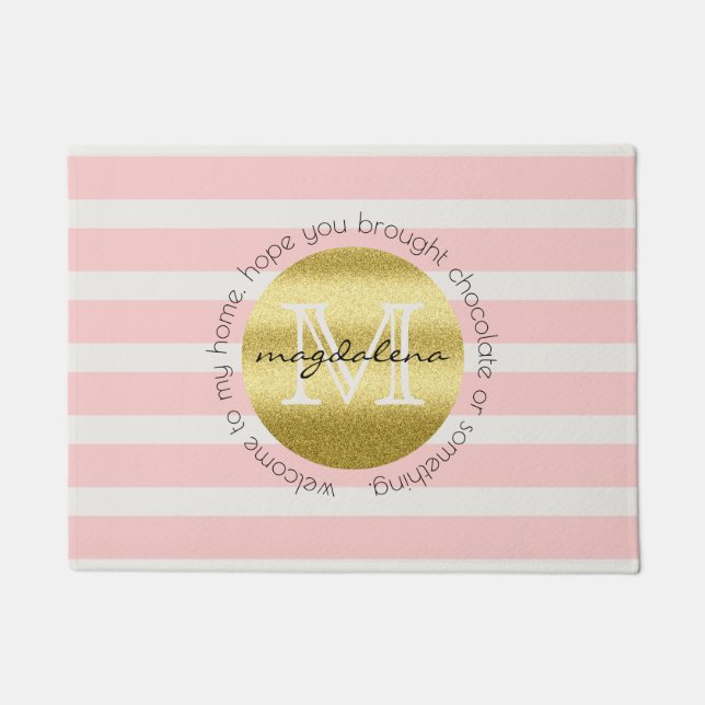 Trendy Monogram Gold Glitter Blush Pink Stripes Deurmat (Voorkant)